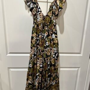 Moon River Yellow and White Maxi Dress V-Neck Flutter Sleeve